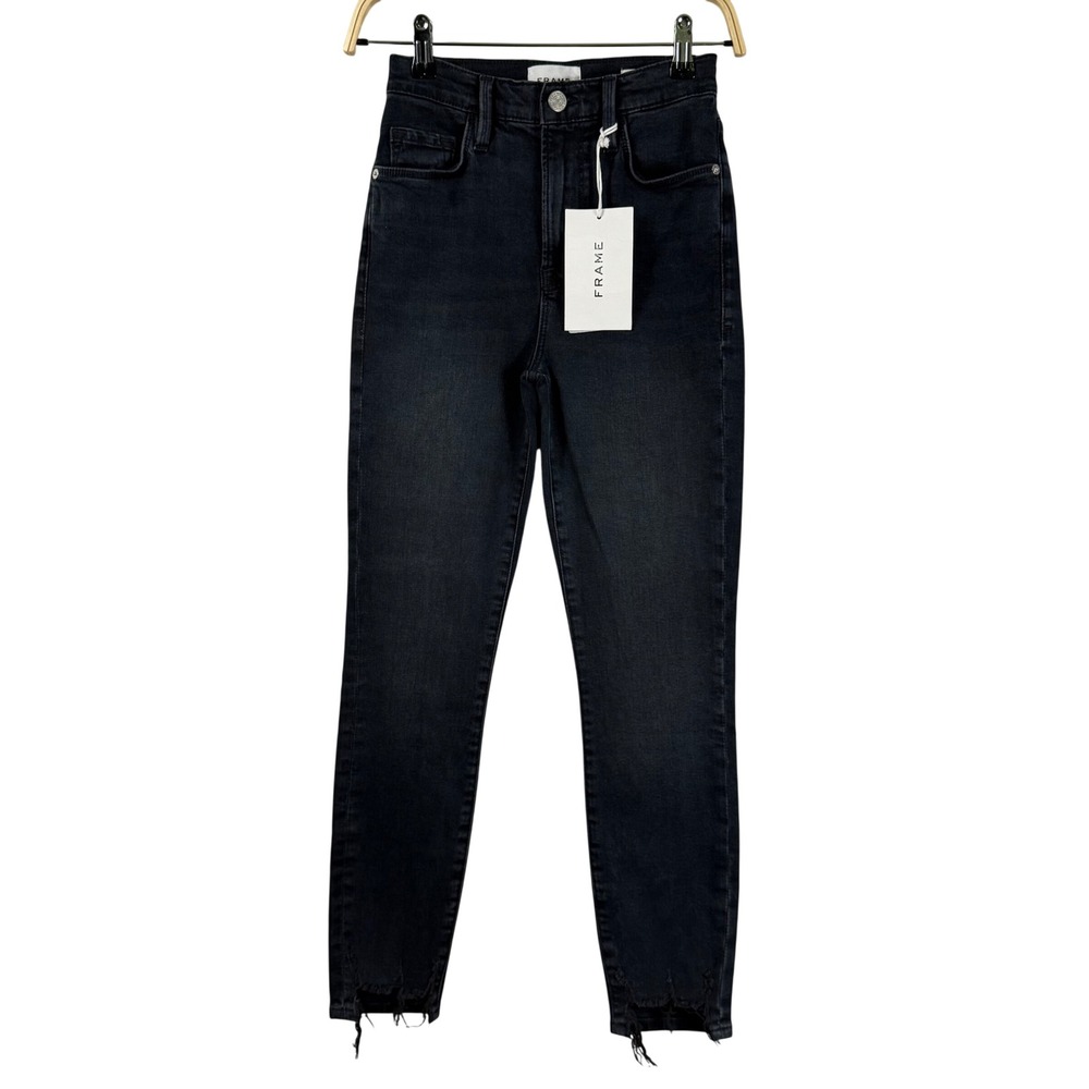 FRAME Ali High Rise Cigarette Noir Skinny Ankle Jeans Black Raw Hem Women 24 NWT
